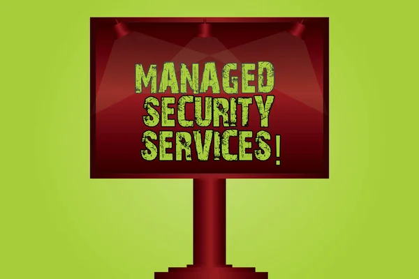 Text sign showing Managed Security Services. Conceptual photo approach in analysisaging clients security needs Blank Lamp Lighted Color Signage Outdoor Ads photo Mounted on One Leg.