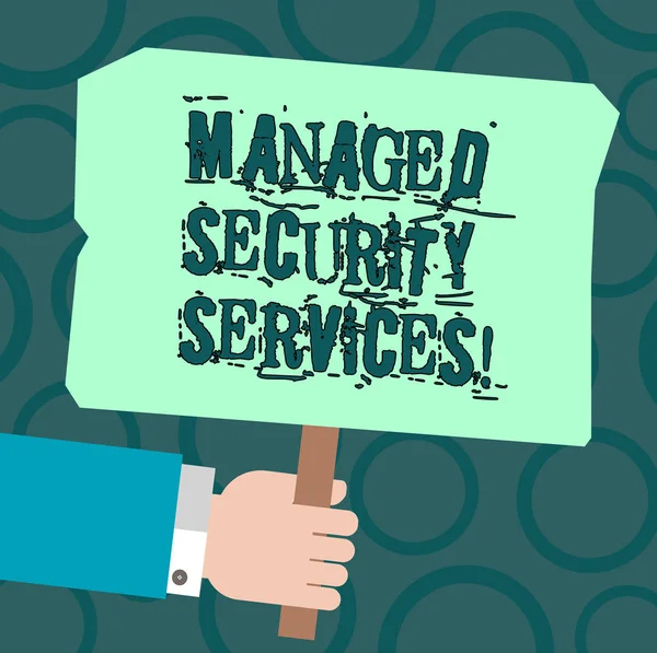 Text sign showing Managed Security Services. Conceptual photo approach in analysisaging clients security needs Hu analysis Hand Holding Blank Colored Placard with Stick photo Text Space.