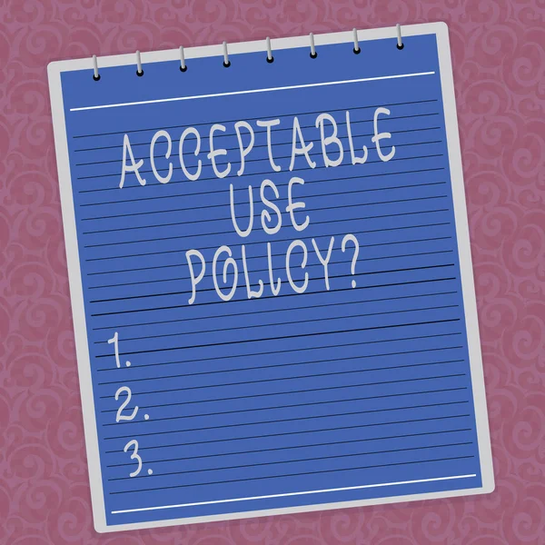 Writing note showing Acceptable Use Policyquestion. Business photo showcasing set of rules applied by the owner of a network Lined Spiral Top Color Notepad photo on Watermark Printed Background.