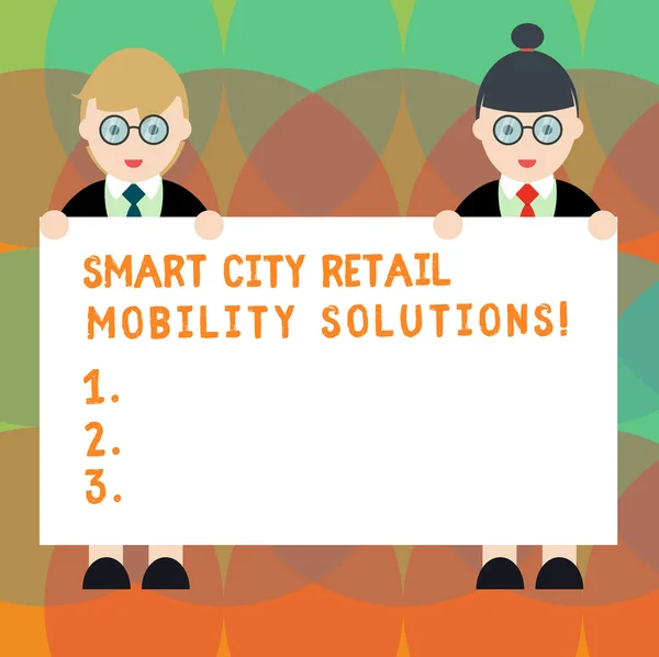 Programu Word, pisanie tekstu Smart City Retail rozwiązania mobilne. Koncepcja biznesowa dla połączonych technologicznych nowoczesnych miast, mężczyzna i kobieta w jednolite stałego Holding afisz transparent tekstu spacji. — Zdjęcie stockowe