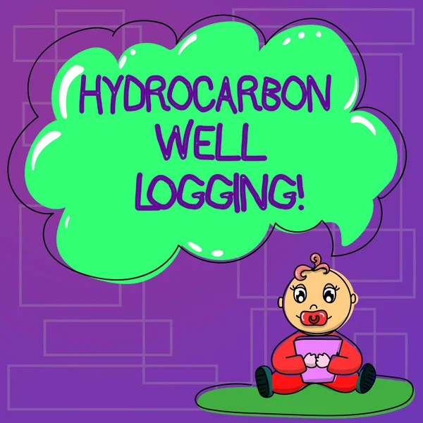 Texto manuscrito Hydrocarbon Well Logging. Conceito que significa registro das formações geológicas de um furo Baby Sitting on Rug com Chupeta Book e Blank Color Cloud Speech Bubble . — Fotografia de Stock