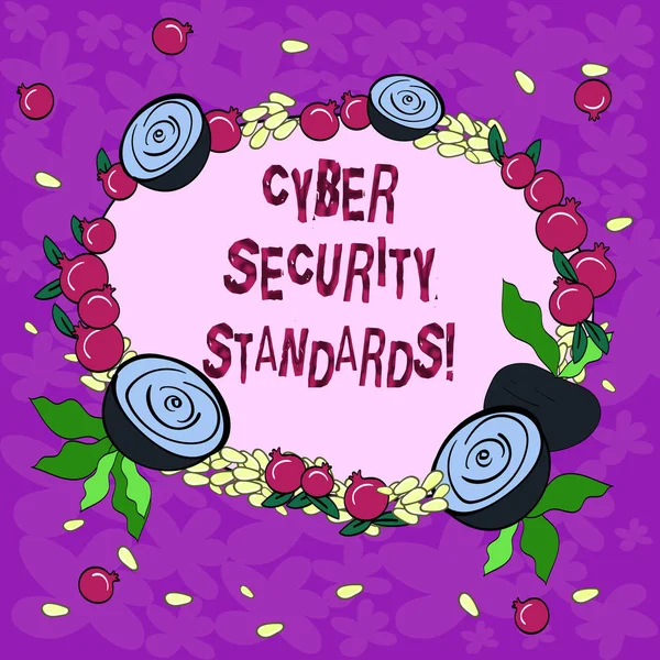 Conceptual hand writing showing Cyber Security Standards. Business photo showcasing Rules for organizational info security standards Floral Wreath made of Tiny Seeds Small Glossy Pomegranate.