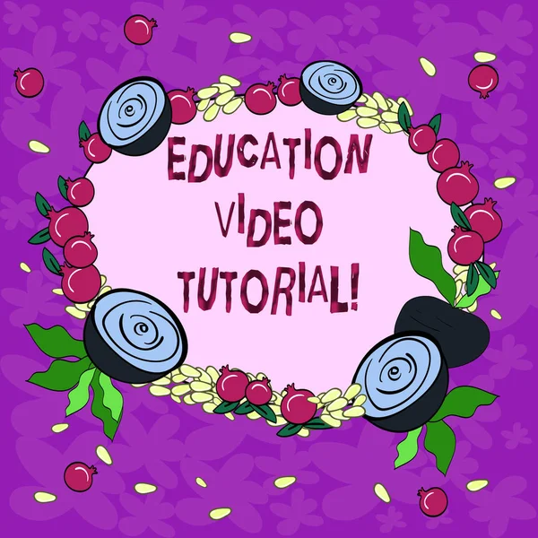 Conceptuele hand schrijven tonen opleiding Video Tutorial. Zakelijke foto presentatie van de methode voor het overbrengen van kennis door middel van video bloemen krans gemaakt van kleine zaden kleine glanzende granaatappel. — Stockfoto