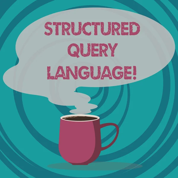 Writing Obs visar Structured Query Language. Företag foto skylta datorspråk för relationsdatabas mugg av hett kaffe med Blank färg tal bubbla Steam-ikonen. — Stockfoto