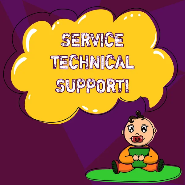 Handwriting text writing Service Technical Support. Concept meaning services that entities provide to users of product Baby Sitting on Rug with Pacifier Book and Blank Color Cloud Speech Bubble.