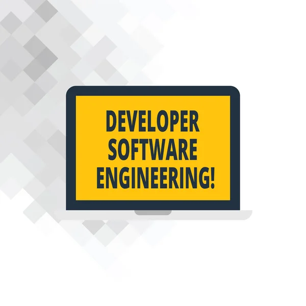 Writing note showing Developer Software Engineering. Business photo showcasing Forming software base on engineering standard Laptop Monitor Personal Computer Tablet Screen Text Space. — Stock Photo, Image