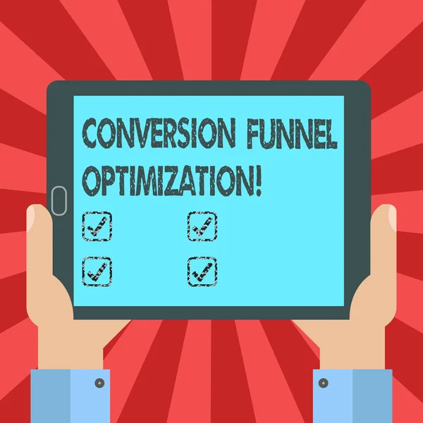 Escritura manual conceptual que muestra la optimización del embudo de conversión. Texto de la foto de negocios pensando en formas avanzadas en el comercio en línea Análisis Hu Sujeción de la mano Tablet Smartphone Display Unit photo . — Foto de Stock