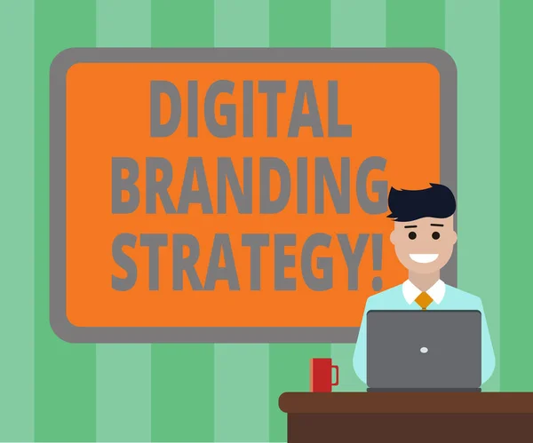 Handwriting text Digital Branding Strategy. Concept meaning develop a brand over a range of digital venues Blank Bordered Board behind Man Sitting Smiling with Laptop Mug on Desk.