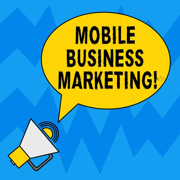 Λέξη σύνταξη κειμένου Mobile Marketing επιχειρήσεων. Επιχειρηματική ιδέα για να φθάσει στους καταναλωτές μέσω της mobile τηλέφωνα κενό οβάλ περιγράφονται ομιλία Bubble κείμενο μπαλόνι μεγάφωνο με εικονίδιο ήχου. — Φωτογραφία Αρχείου