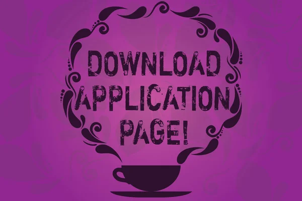 Text sign showing Download Application Page. Conceptual photo computer is receiving data from the Internet Cup and Saucer with Paisley Design as Steam icon on Blank Watermarked Space