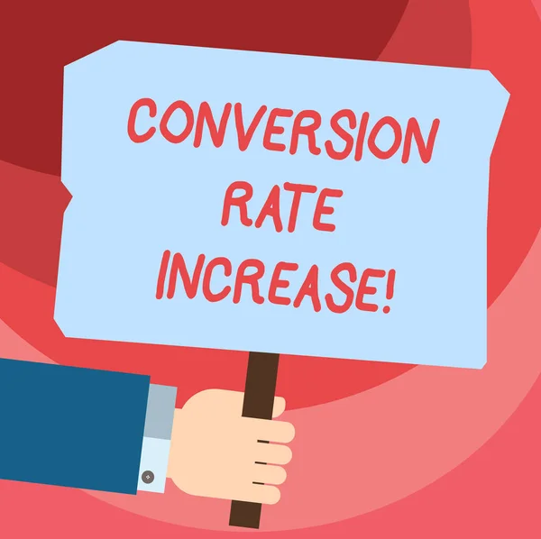 Word Writing Text Conversion Rate erhöhen. Business-Konzept für Prozentsatz der Benutzer, die eine gewünschte Aktion hu Analyse Hand hält leere farbige Plakat mit Stick Foto Text Raum. — Stockfoto