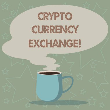 Kavramsal el kripto Döviz gösterilen yazma. Boş renk konuşma balonu Buhar simgesi ile diğer varlıklar sıcak kahve kupa için dijital para ticaret vitrine iş fotoğraf.