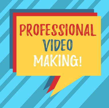 Profesyonel Video yapma gösterilen metin işareti. Kavramsal fotoğraf film yapımı bir uzman yığını, konuşma balonu farklı renk boş renkli Kazıklı metin balonu tarafından dijital olarak kaydedilmiş görüntüleri.