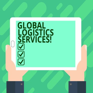 Kavramsal el Global Lojistik hizmetler gösterilen yazma. İş fotoğraf metin bağlar kritik bileşenleri tedarik zinciri Hu analiz el Holding Tablet Smartphone görüntü birimini fotoğraf.