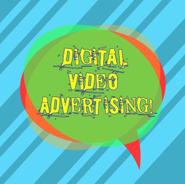 Dijital Video reklam gösterilen Not yazma. Video içerik boş konuşma balonu fotoğraf ve yığın, şeffaf daire üst üste şeklinde meşgul seyirci vitrine iş fotoğraf.