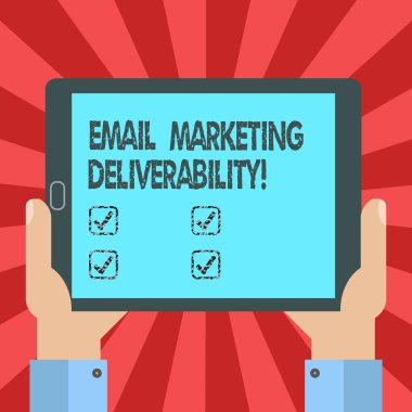 Conceptual hand writing showing Email Marketing Deliverability. Business photo text Ability to deliver emails to subscribers Hu analysis Hand Holding Tablet Smartphone Display Unit photo. clipart