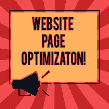 Kavramsal Web sitesi optimizasyon sayfasında gösterilen yazma el. İş fotoğraf metin arama motoru görünürlüğünü artırmak ve megafon ses simgesini ana hatlarıyla Meydanı hoparlör metin alanı fotoğraf ulaşmak.