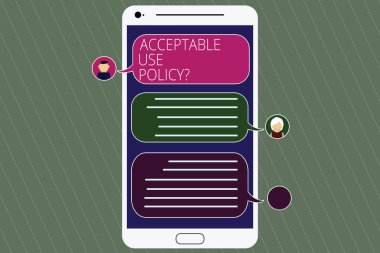 El yazısı metin kabul edilebilir kullanım Policyquestion. Kavram anlamı bir ağ Mobile Messenger ekranı sohbet başkanları ve boş renk konuşma balonları ile sahibi tarafından uygulanan kurallar kümesi.