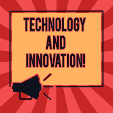 Teknoloji ve yenilik gösterilen yazma kavramsal el. İş fotoğraf metin teknolojik değişiklikleri ürün ve Hizmetleri megafon ses simgesini ana hatlarıyla Meydanı hoparlör metin alanı fotoğraf.