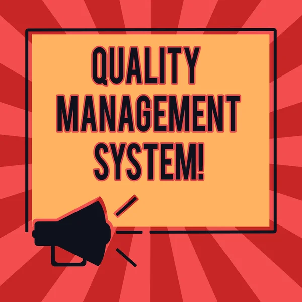 Conceptual hand writing showing Quality Management System. Business photo text formalized system that documents processes Megaphone Sound icon Outlines Square Loudspeaker Text Space photo.