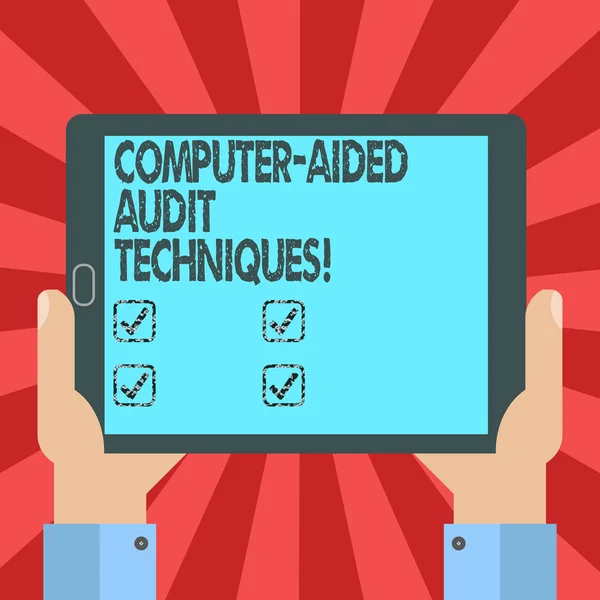 Scrittura a mano concettuale che mostra le tecniche di audit assistito da computer. Testo della foto aziendale Utilizzo del computer per automatizzare il processo di audit IT Analisi Hu Tablet portatile Smartphone Display Unità foto . — Foto Stock