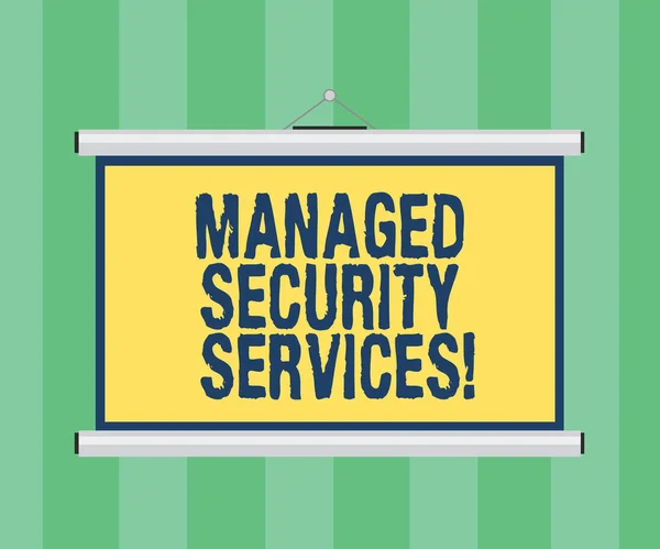 Handgeschreven tekst schrijven Managed Security Services. Begrip betekenis aanpak in analysisaging klanten zekerheid moet leeg draagbare muur opgehangen projectiescherm voor conferentie presentatie. — Stockfoto