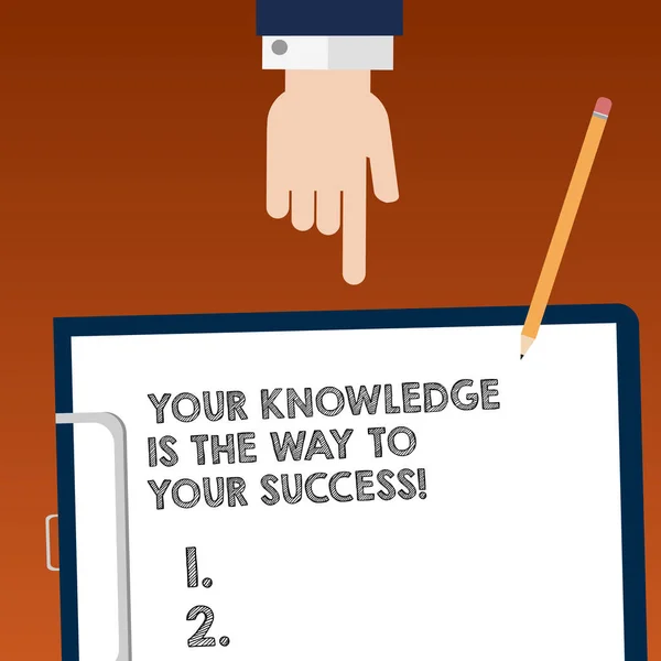 あなたの知識は、方法にあなたの成功を示すメモを書きます。事業写真展示教育手ポイントを紙と鉛筆でクリップボードに胡解析の進歩のためのキー. — ストック写真