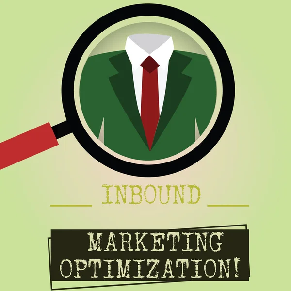 Uwaga: pisanie Wyświetlono Inbound Marketing Optimization. Biznesowe zdjęcie prezentujący proces rysowania uwagę perspektywy lupy powiększanie smokingu i znacznika etykiety poniżej. — Zdjęcie stockowe