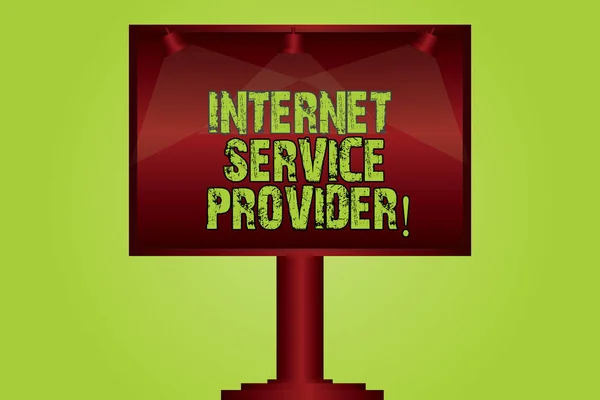 Sinal de texto mostrando Internet Service Provider. Foto conceitual Empresa que fornece acesso à Internet Lâmpada em branco Iluminada Sinalização de cor Anúncios ao ar livre foto Montado em uma perna . — Fotografia de Stock