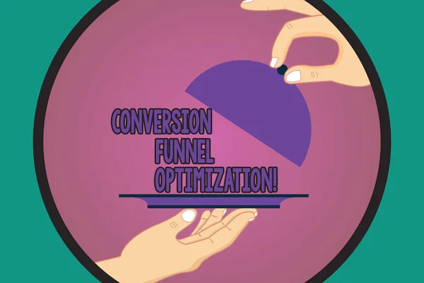 Text sign showing Conversion Funnel Optimization. Conceptual photo thinking of advanced ways in online trading Hu analysis Hands Serving Tray Platter and Lifting the Lid inside Color Circle.