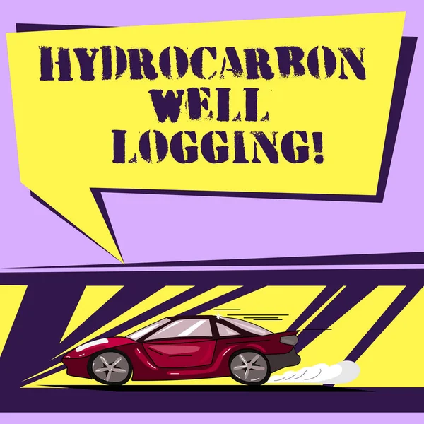 Writing note showing Hydrocarbon Well Logging. Business photo showcasing record of the geologic formations of a borehole Car with Fast Movement icon and Exhaust Smoke Speech Bubble. — Stock Photo, Image