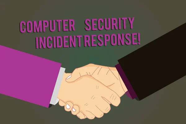 Ordet skriver text dator Security Incident Response. Affärsidé för teknik fel säkerhet analysisagement Hu analys skaka händerna på avtalet hälsning gest tecken av respekt foto. — Stockfoto