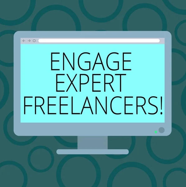 Schrijven van notitie weergegeven: Engage Expert Freelancers. Zakelijke foto presentatie verhuren bekwame aannemers voor een korte tijd werken leeg Computer Desktop Monitor kleur scherm gemonteerd met Progress Bar. — Stockfoto