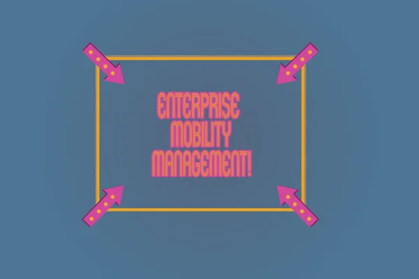 Conceptual hand writing showing Enterprise Mobility Management. Business photo text Approach use in analysisaging smartphones Square Outline with Corner Arrows Pointing on Color Background.