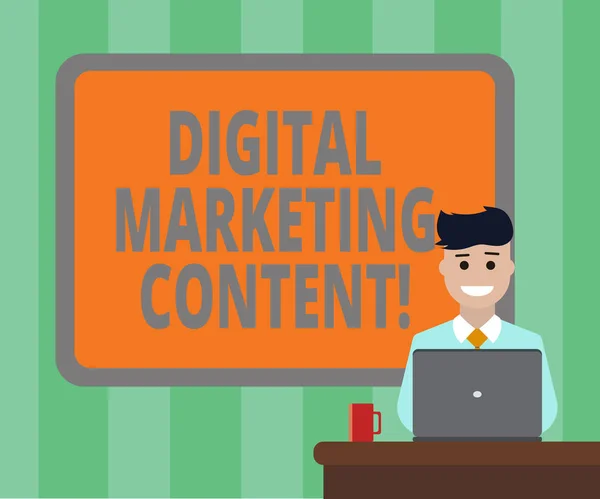 Handwriting text Digital Marketing Content. Concept meaning Distributing content for targeted audience online Blank Bordered Board behind Man Sitting Smiling with Laptop Mug on Desk.