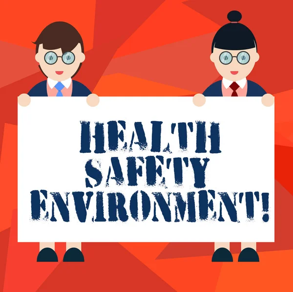 Word writing text Health Safety Environment. Business concept for Environmental protection and safety at work Male and Female in Uniform Standing Holding Blank Placard Banner Text Space. — Stock Photo, Image