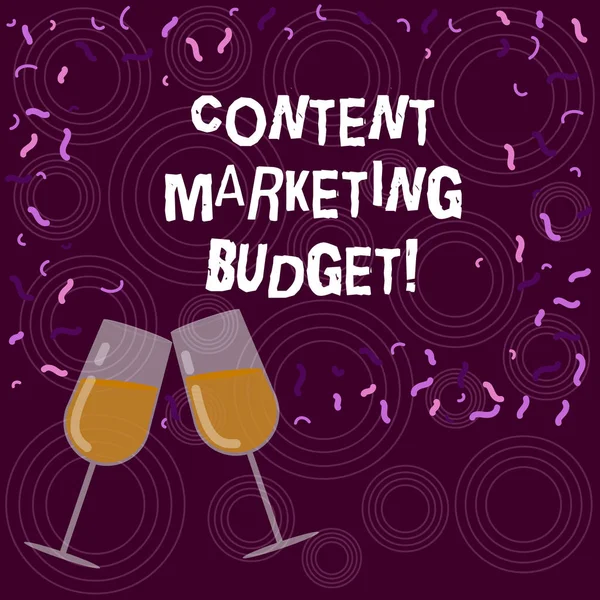 Writing note showing Content Marketing Budget. Business photo showcasing Promotional costs over a certain period of time Filled Wine Glass for Celebration with Scattered Confetti photo.