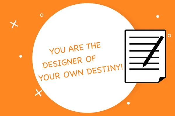 Handwriting text writing You Are The Designer Of Your Own Destiny. Concept meaning Embrace life Make changes Sheet of Pad Paper with Lines and Margin Ballpoint Pen on top Flip corner.