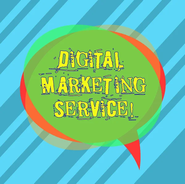 Writing note showing Digital Marketing Service. Business photo showcasing services using digital channels to reach consumers Blank Speech Bubble photo and Stack of Transparent Circle Overlapping.