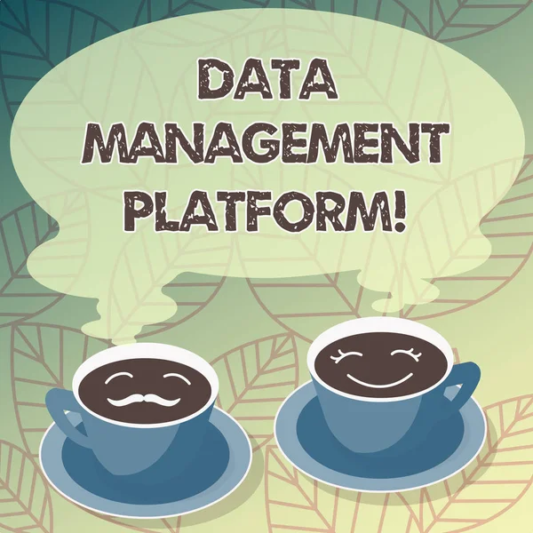 Escritura manual conceptual que muestra la plataforma de gestión de datos. Texto de la foto de negocios Tipo de plataforma tecnológica centralizada que recoge datos Platillo de taza para His y Hher Icono de la cara de café con Steam . —  Fotos de Stock