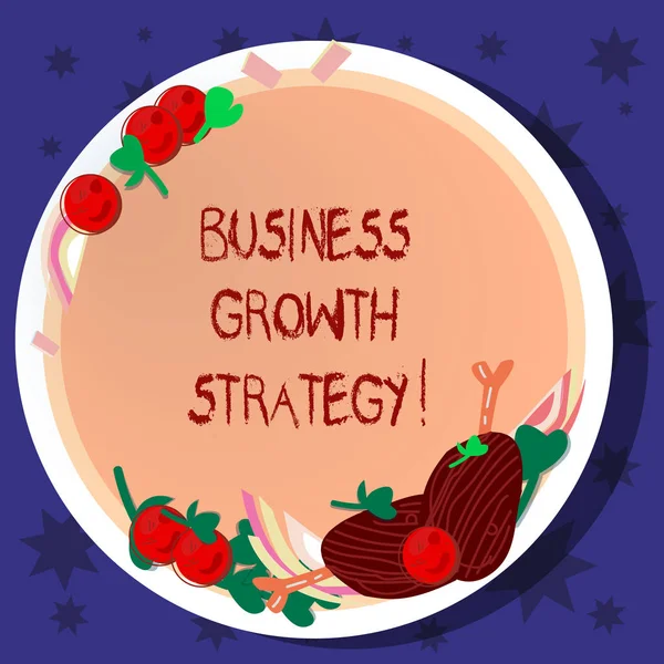 Word writing text business growth strategy. Geschäftskonzept für größere Marktanteile Marktdurchdringung Akquisition handgezeichnet Lammkoteletts Kräuter Gewürz Kirschtomaten auf leerem Farbteller. — Stockfoto