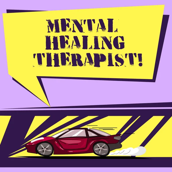 Writing note showing Mental Healing Therapist. Business photo showcasing Counseling or treating clients with mental disorder Car with Fast Movement icon and Exhaust Smoke Speech Bubble. — Stock Photo, Image