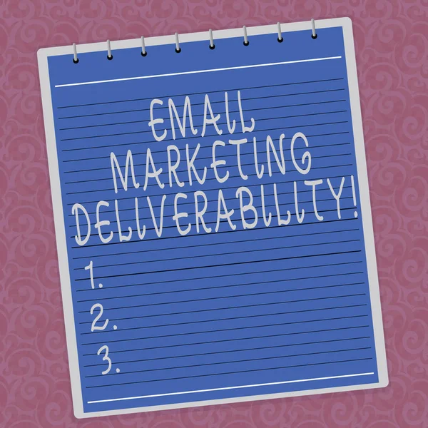 Writing note showing Email Marketing Deliverability. Business photo showcasing Ability to deliver emails to subscribers Lined Spiral Top Color Notepad photo on Watermark Printed Background.