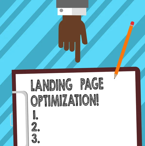 Word writing text Landing Page Optimization. Business concept for Improve elements of a website to rise conversion Hu analysis Hand Pointing Down to Clipboard with Blank Bond Paper and Pencil. — Stock Photo, Image