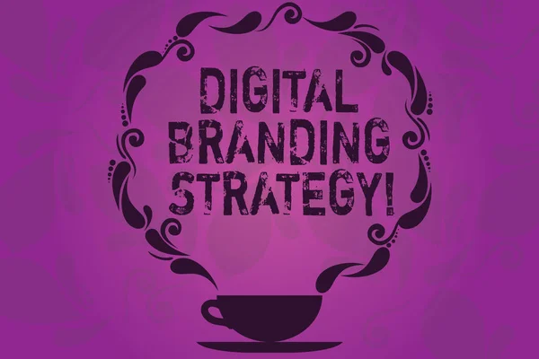 Text sign showing Digital Branding Strategy. Conceptual photo develop a brand over a range of digital venues Cup and Saucer with Paisley Design as Steam icon on Blank Watermarked Space.