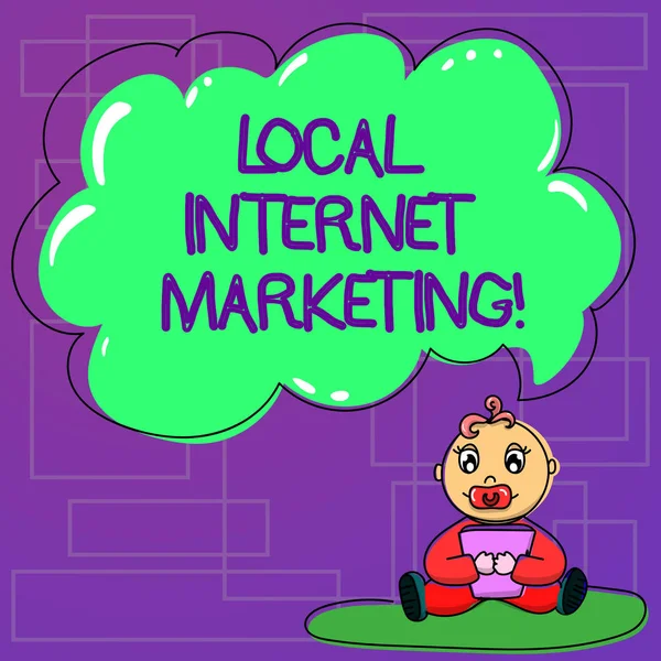 Handwriting text Local Internet Marketing. Concept meaning Reach the customers that are closest to you Baby Sitting on Rug with Pacifier Book and Blank Color Cloud Speech Bubble.
