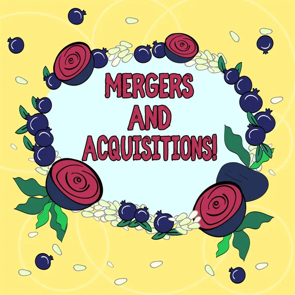Handwriting text Mergers And Acquisitions. Concept meaning Refers to the consolidation of companies or assets Floral Wreath made of Tiny Seeds Small Glossy Pomegranate and Cut Beet.