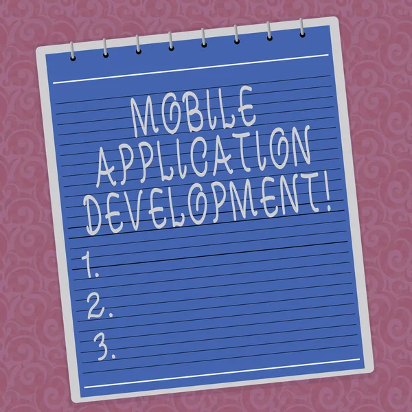 Writing note showing Mobile Application Development. Business photo showcasing Writing software for digital devices Lined Spiral Top Color Notepad photo on Watermark Printed Background.