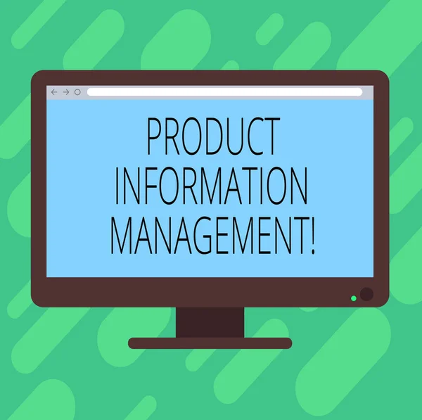 Escrita de mão conceitual mostrando Product Information Management. Texto da foto de negócios Gerenciando as informações necessárias para o mercado Tela de cores do monitor de computador em branco montado com barra de progresso . — Fotografia de Stock