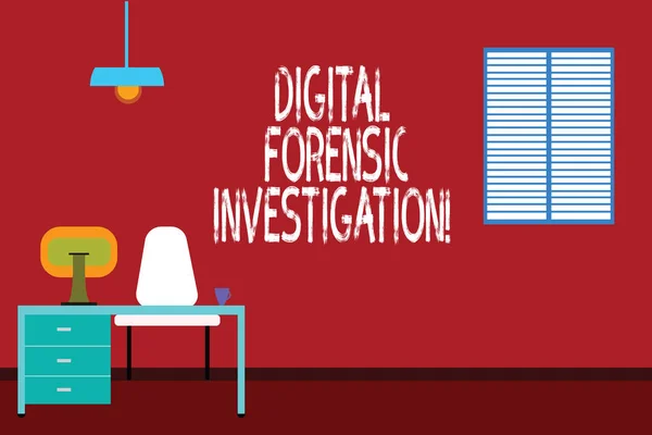 Text sign showing Digital Forensic Investigation. Conceptual photo recovery of information from computers Work Space Minimalist Interior Computer and Study Area Inside a Room photo. — Stock Photo, Image